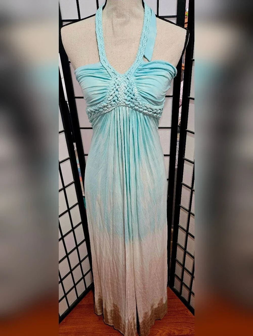 Sky Size Small Teal Ombre Tie-Dye Jersey Braided Halter Maxi Dress - Picture 1 of 6